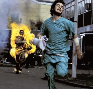 Check out the visceral fuel station explosion in modern classic 28 Days Later (that leads to this scene with flaming zombies!) for an example of pure visceral audio violence. Not to mention the excellently done noises of the zombies themselves...