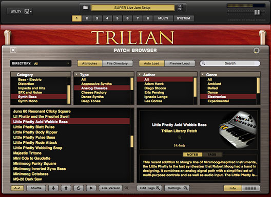 Spectrasonics Trilian preset browser view